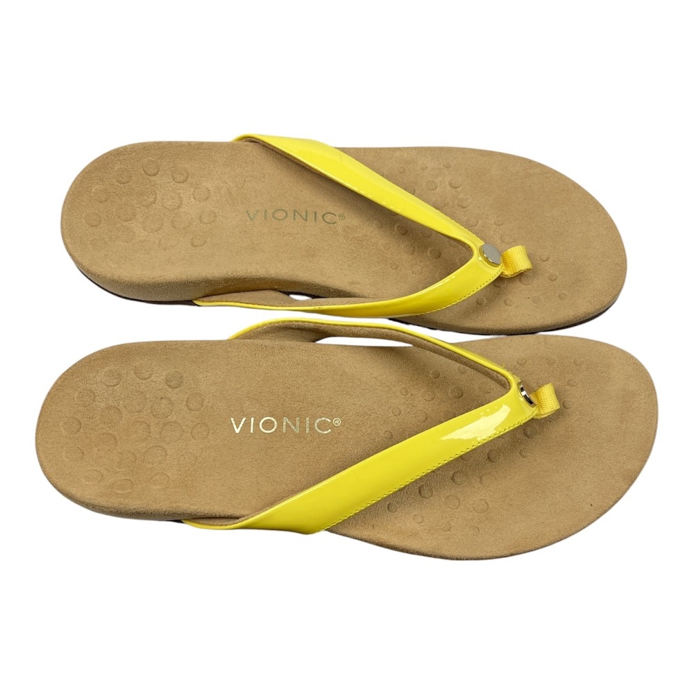 Vionic Excellent Used Mona Flip Flops Women's 11 Wide Yellow Patent Leather